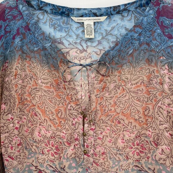 Diane Von Furstenberg Silk Peasant Blouse SIZE 4 Sheer Boho Art to Wear Peelo - Picture 4 of 12